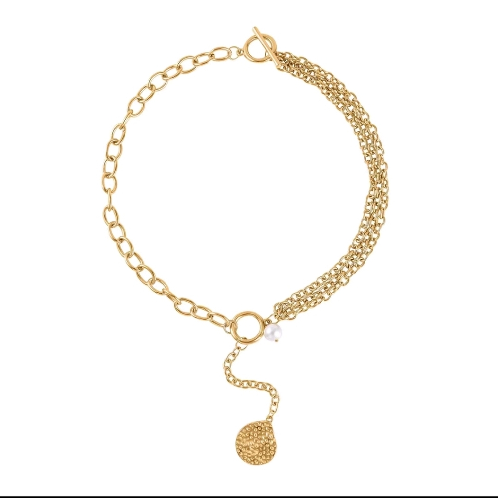 Simulated Pearl Pendant with Link Chain Necklace 20-22 Inches in Goldtone